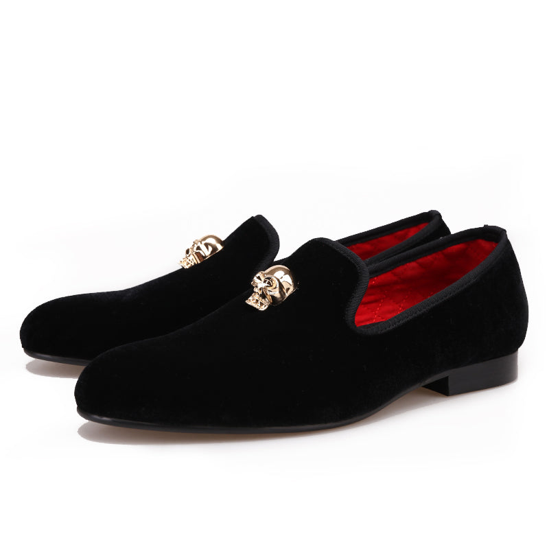 Exclusive Men Skull Buckle Rock Style Velvet Loafers / Rock and Roll outfits for guys