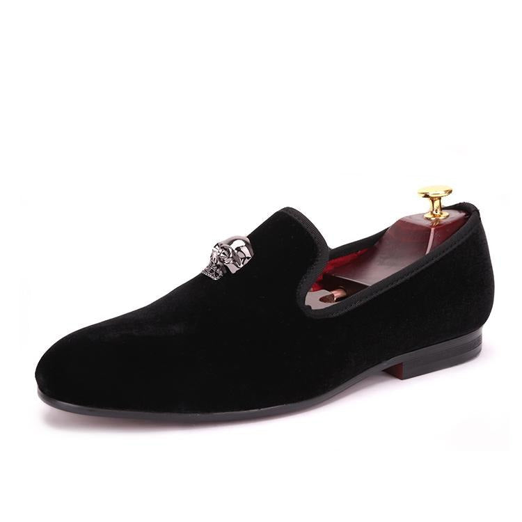 Exclusive Men Skull Buckle Rock Style Velvet Loafers / Rock and Roll outfits for guys