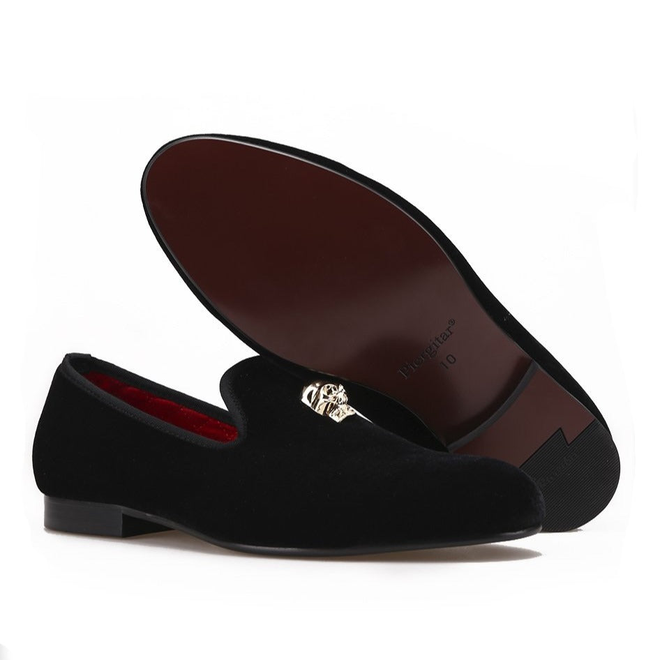 Exclusive Men Skull Buckle Rock Style Velvet Loafers / Rock and Roll outfits for guys