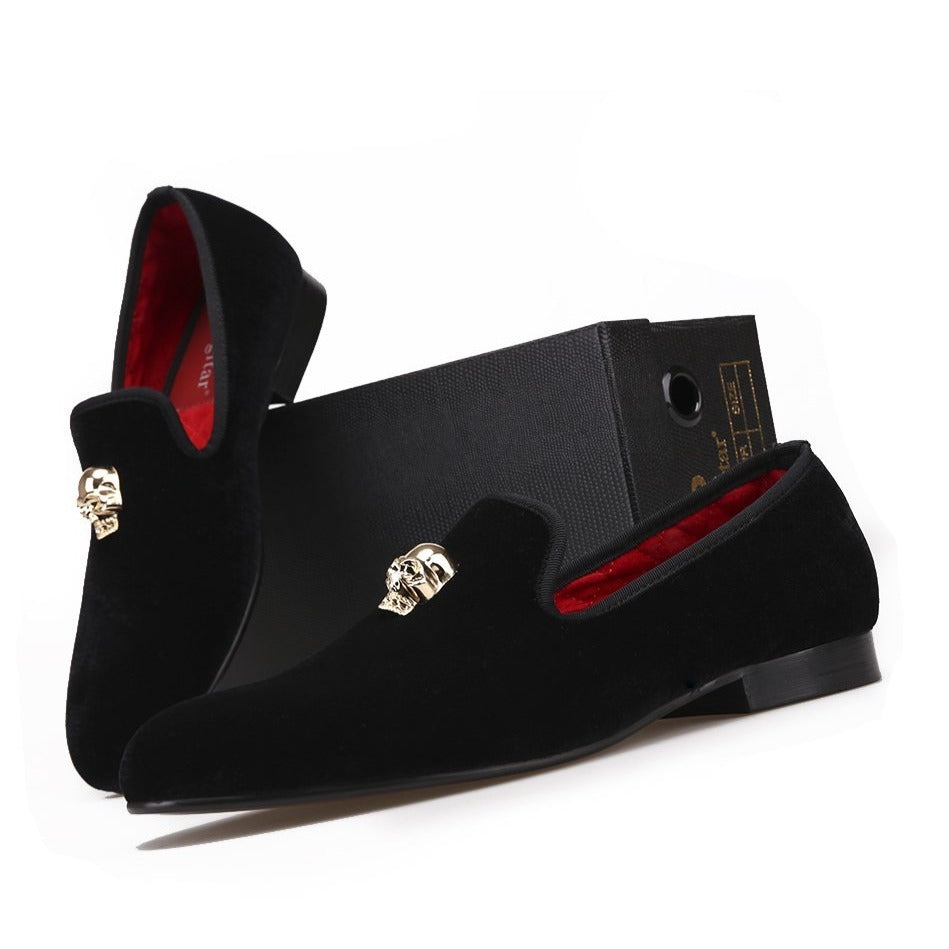 Exclusive Men Skull Buckle Rock Style Velvet Loafers / Rock and Roll outfits for guys