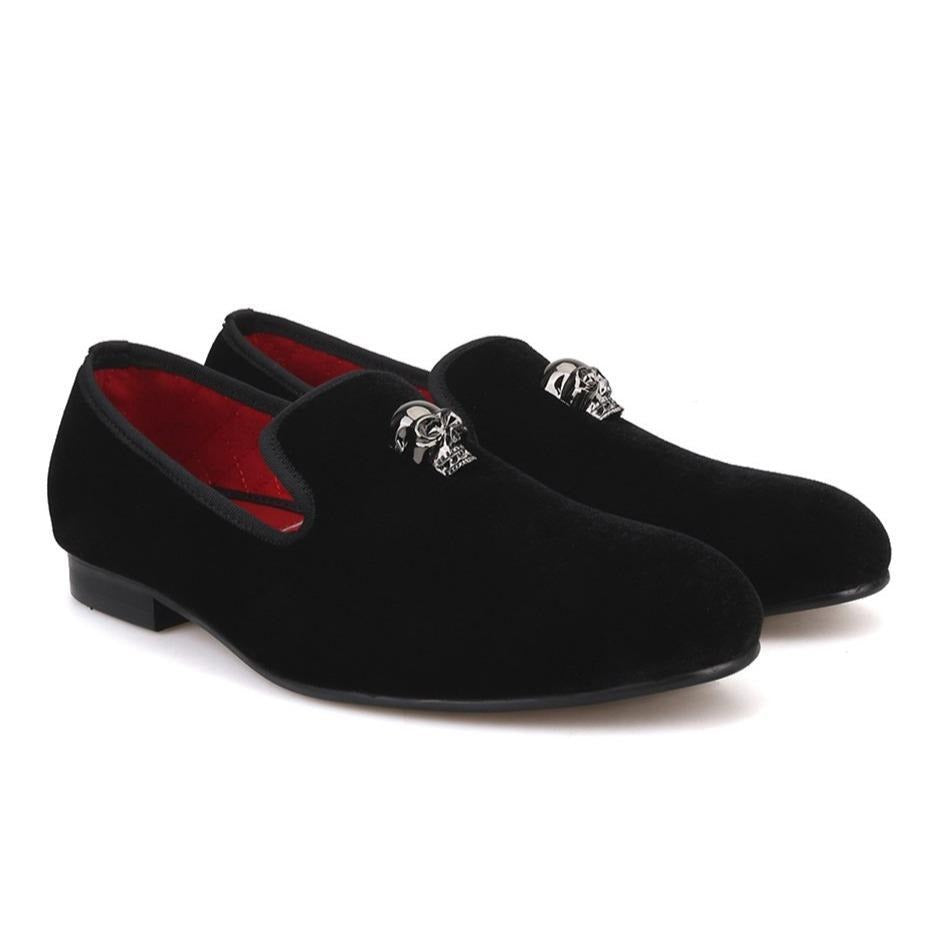 Exclusive Men Skull Buckle Rock Style Velvet Loafers / Rock and Roll outfits for guys
