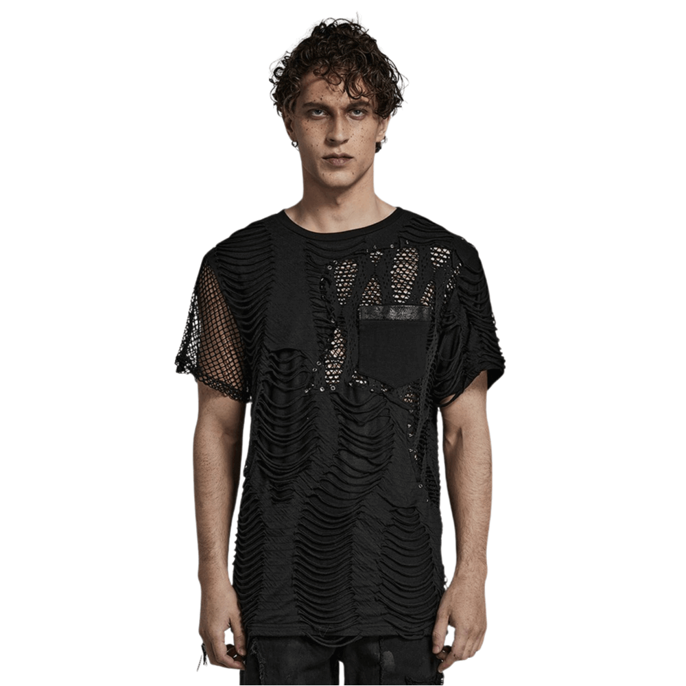 Eyelet-Studded Punk T-Shirt with Mesh Splice Design