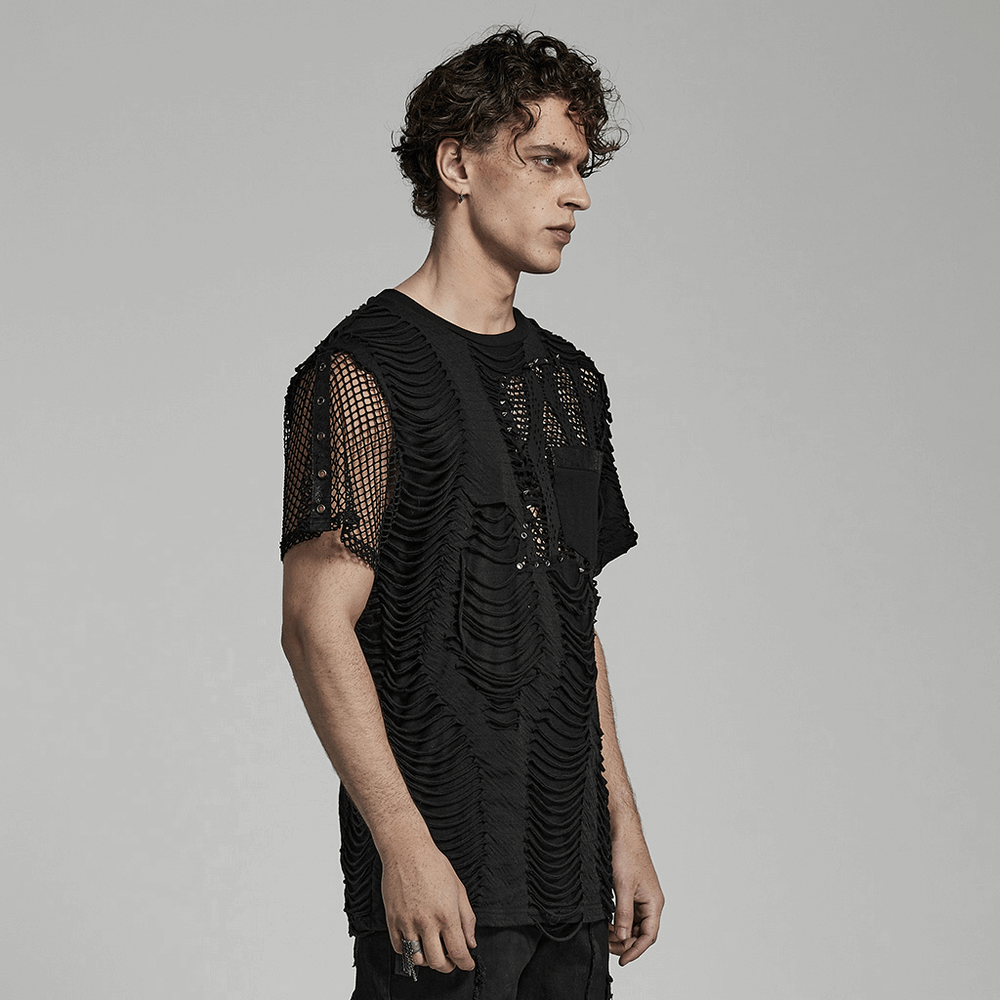 Eyelet-Studded Punk T-Shirt with Mesh Splice Design