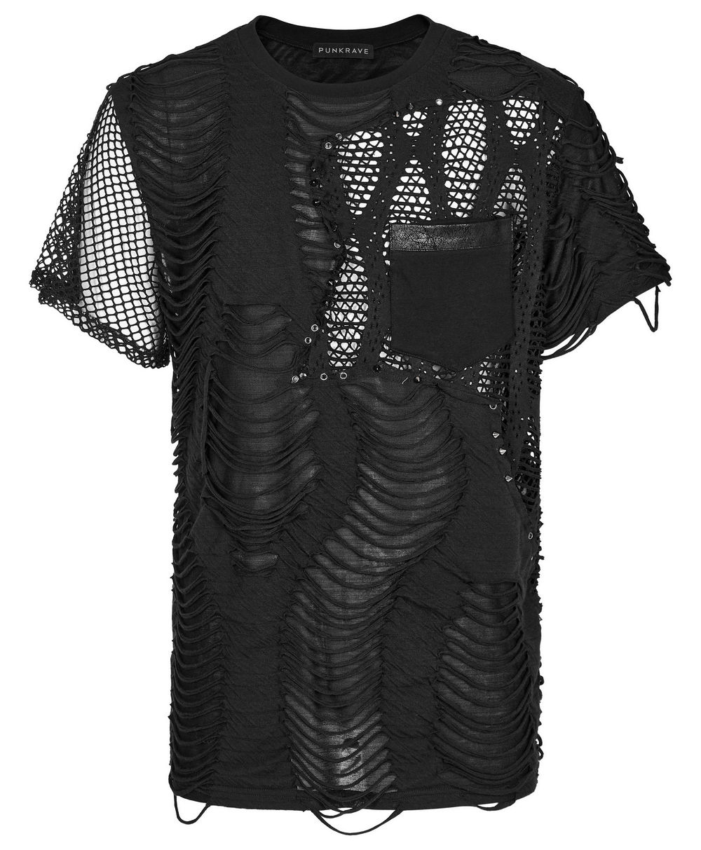 Eyelet-Studded Punk T-Shirt with Mesh Splice Design