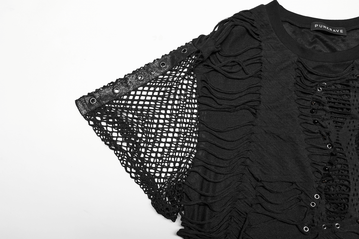 Eyelet-Studded Punk T-Shirt with Mesh Splice Design
