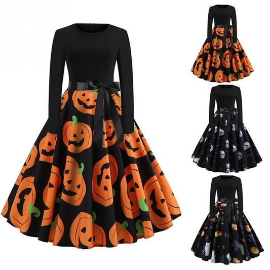 Fantastic Women's Halloween Dress with Pumpkin Print / Ladies Clothes with Long Sleeve