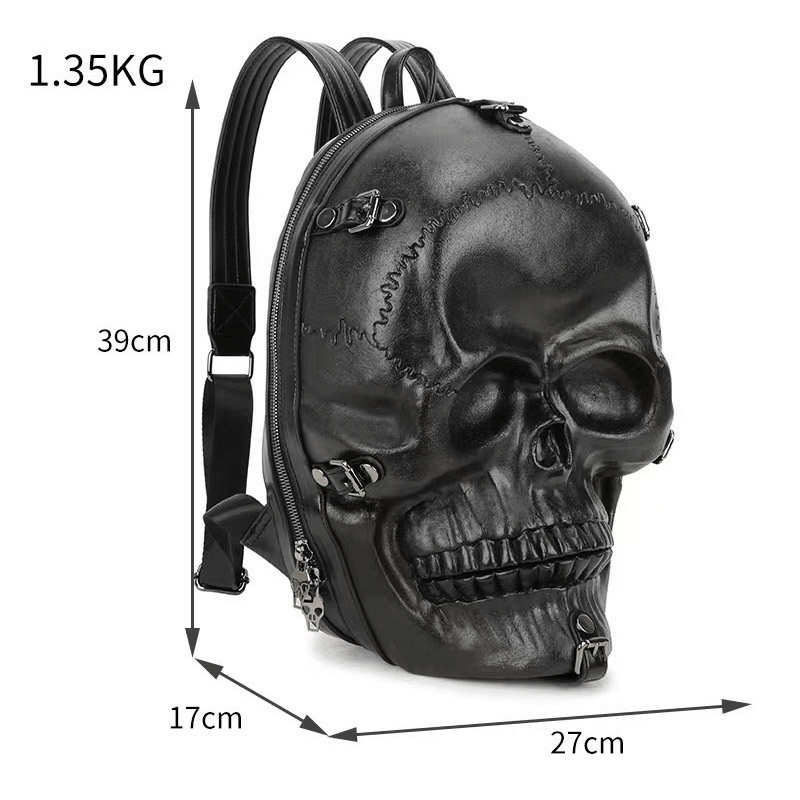 Fashion 3D Skull Head Backpack / Unique Gothic Zippered Backpack