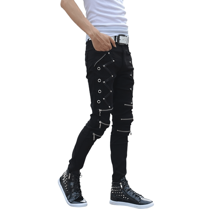 Fashion Black Elastic Skinny Jeans for Men / Biker Slim Fit Trousers with Rivets & Zippers