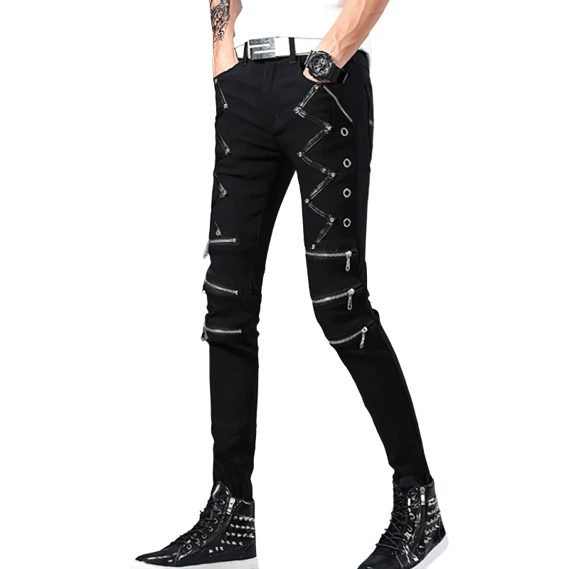Fashion Black Elastic Skinny Jeans for Men / Biker Slim Fit Trousers with Rivets & Zippers