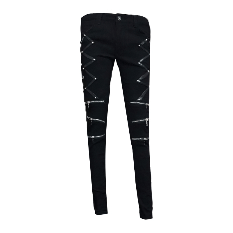 Fashion Black Elastic Skinny Jeans for Men / Biker Slim Fit Trousers with Rivets & Zippers