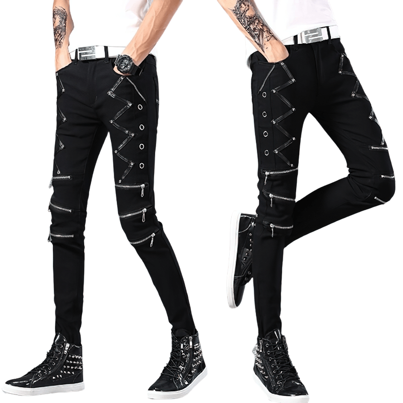 Fashion Black Elastic Skinny Jeans for Men / Biker Slim Fit Trousers with Rivets & Zippers