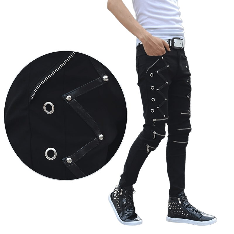 Fashion Black Elastic Skinny Jeans for Men / Biker Slim Fit Trousers with Rivets & Zippers