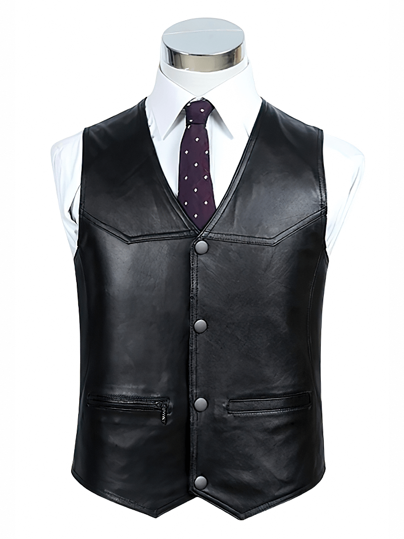 Fashion Black Real Leather Vest / Alternative Fashion V-Neck Men's Vest