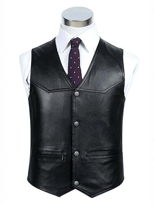 Fashion Black Real Leather Vest / Alternative Fashion V-Neck Men's Vest