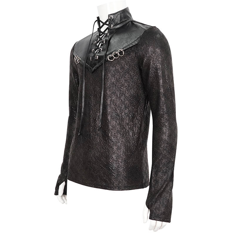Fashion Black Stand Collar Sweatshirt with Lace-Up / Gothic Men's Metal Rings Sweatshirt