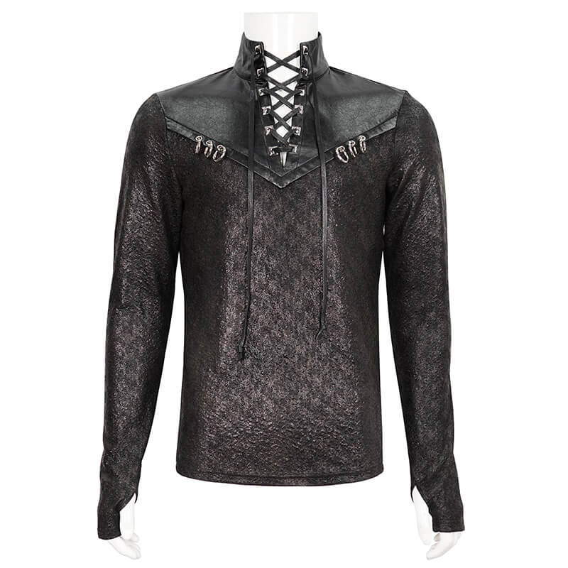 Fashion Black Stand Collar Sweatshirt with Lace-Up / Gothic Men's Metal Rings Sweatshirt