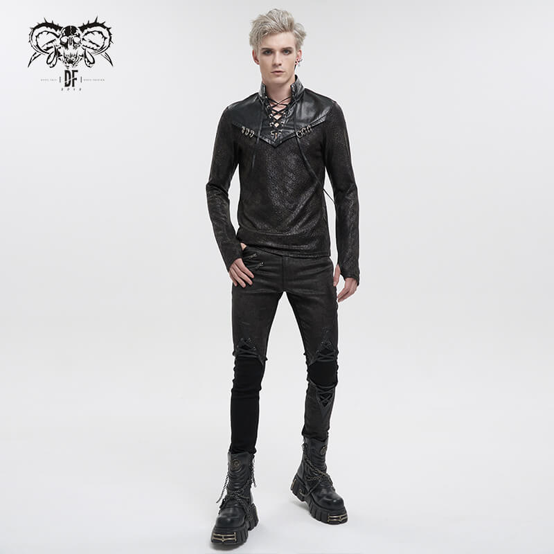 Fashion Black Stand Collar Sweatshirt with Lace-Up / Gothic Men's Metal Rings Sweatshirt