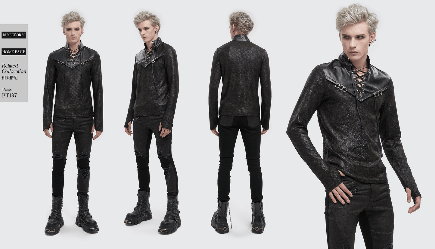 Fashion Black Stand Collar Sweatshirt with Lace-Up / Gothic Men's Metal Rings Sweatshirt