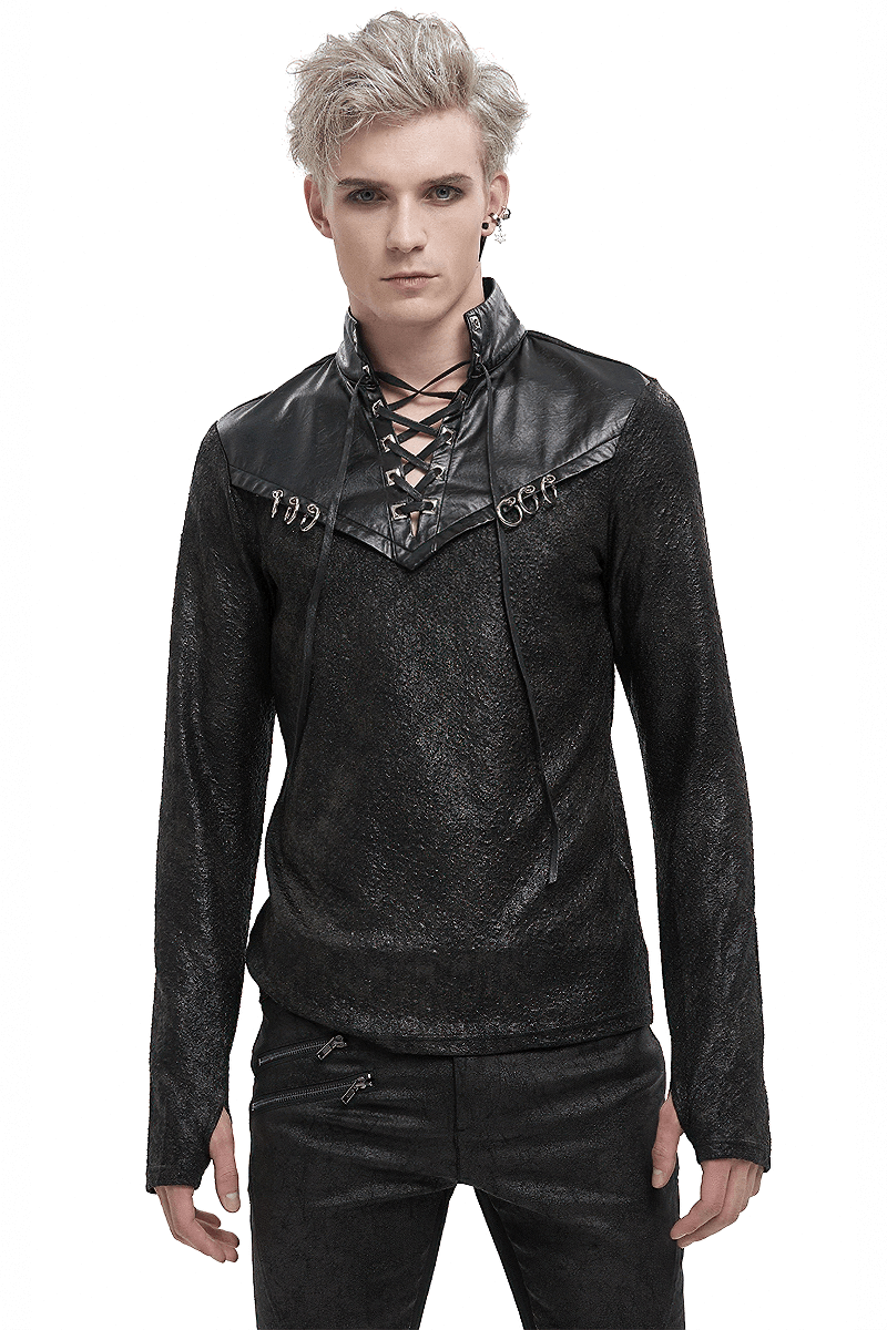 Fashion Black Stand Collar Sweatshirt with Lace-Up / Gothic Men's Metal Rings Sweatshirt