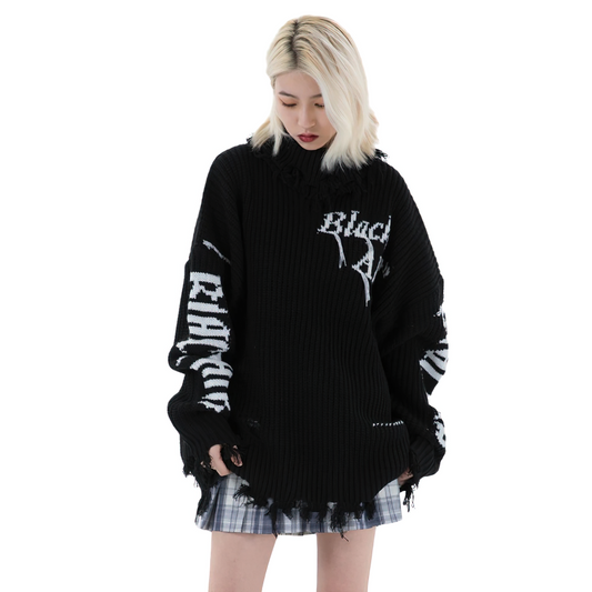 Fashion Black Women's Sweater with Turtle Neck / Oversized Streetwear for Women