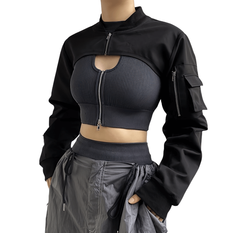 Fashion Black Zipper Cropped Top with Pockets on Sleeves / Women's Outfits in Punk Style