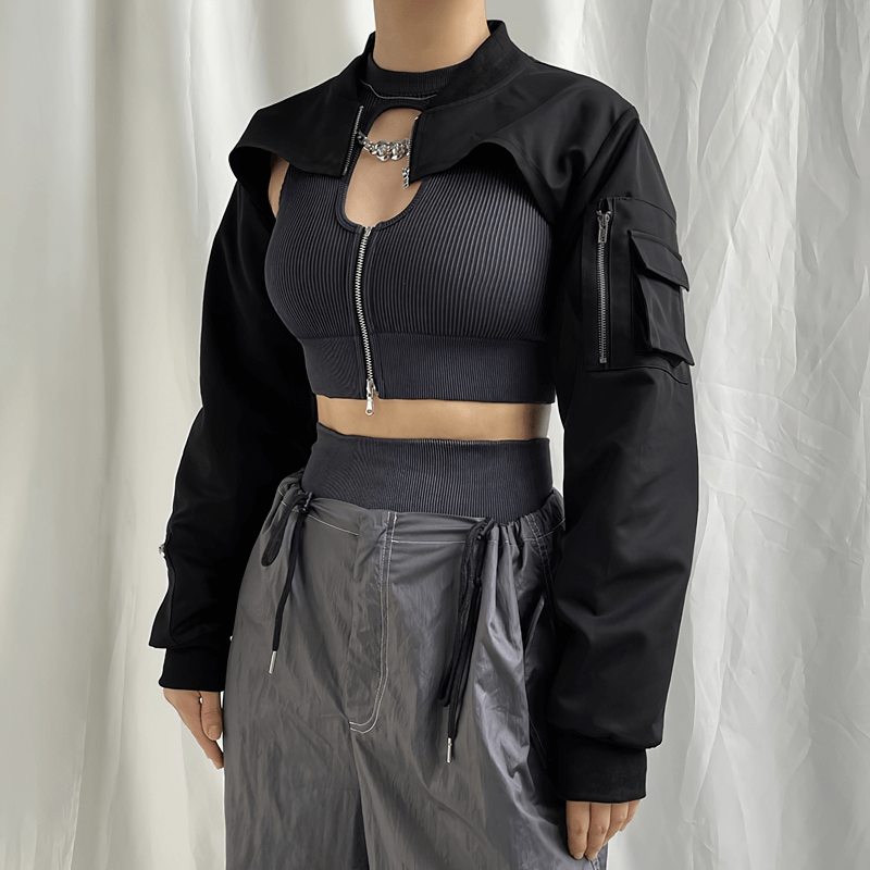 Fashion Black Zipper Cropped Top with Pockets on Sleeves / Women's Outfits in Punk Style