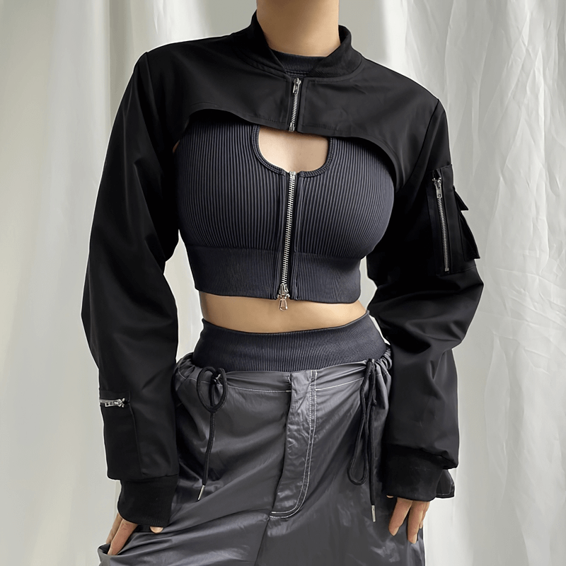 Fashion Black Zipper Cropped Top with Pockets on Sleeves / Women's Outfits in Punk Style