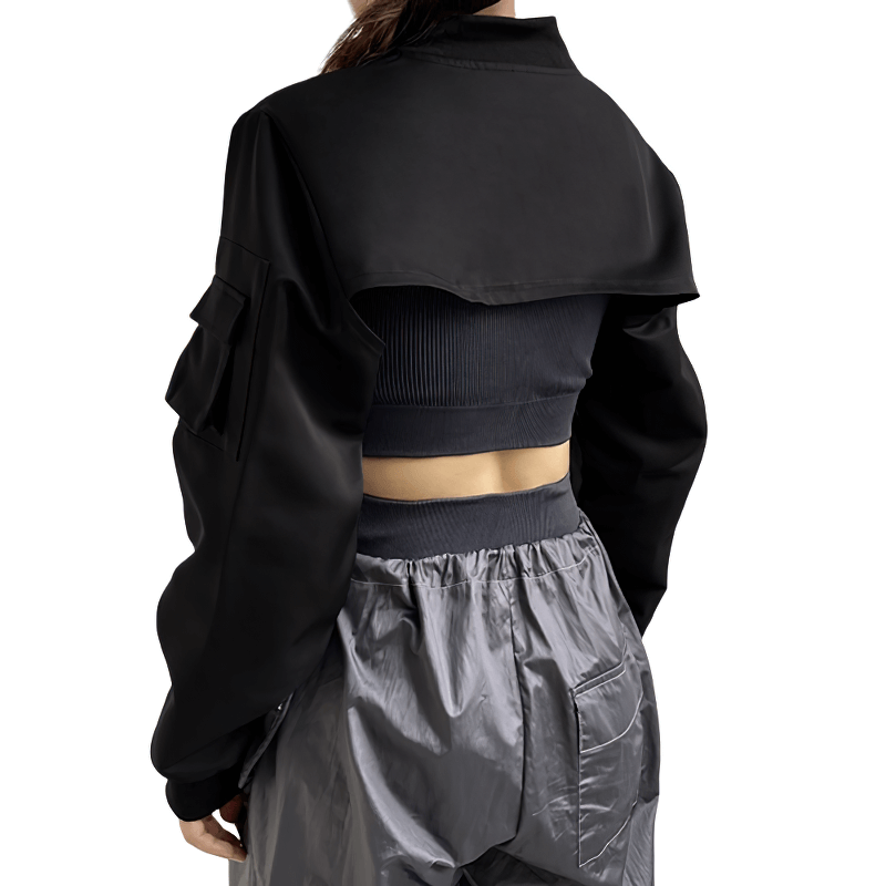 Fashion Black Zipper Cropped Top with Pockets on Sleeves / Women's Outfits in Punk Style