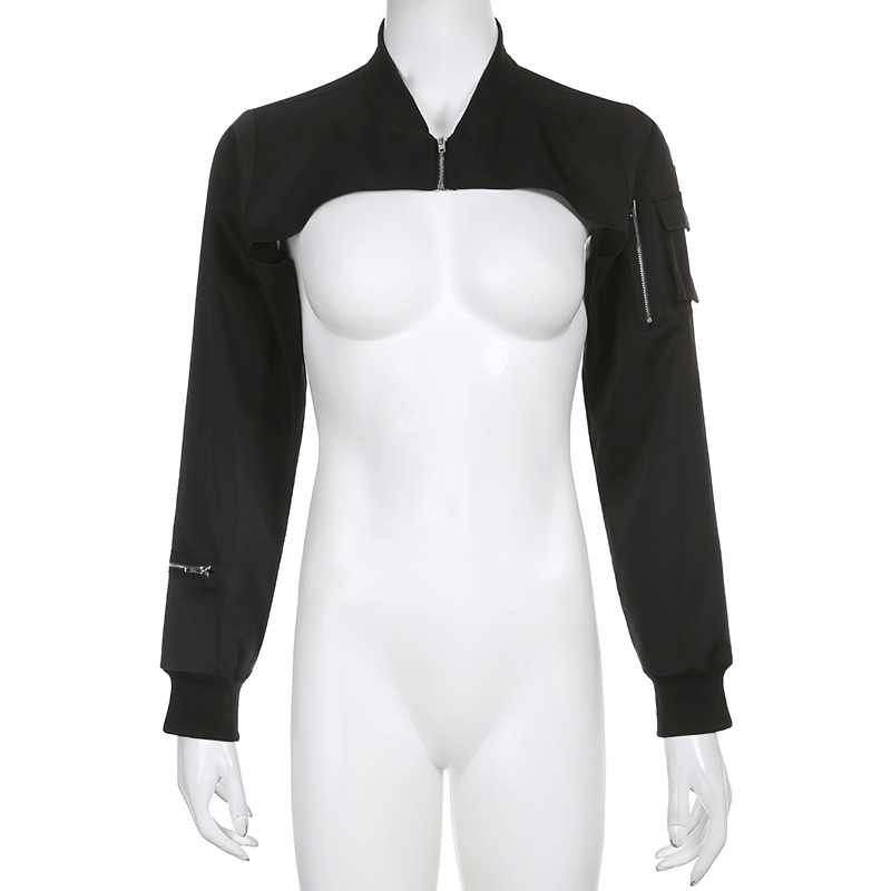 Fashion Black Zipper Cropped Top with Pockets on Sleeves / Women's Outfits in Punk Style