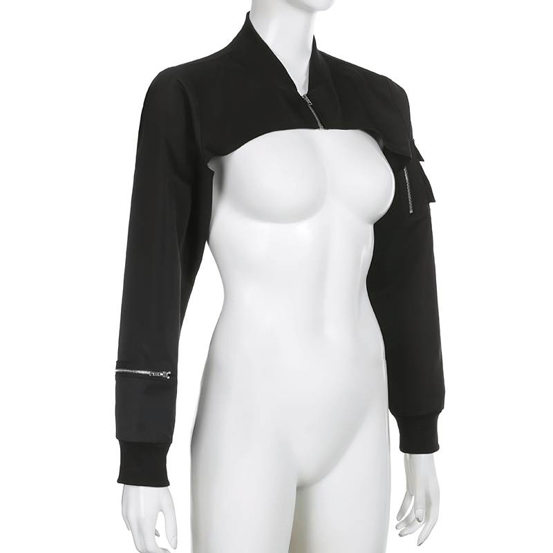 Fashion Black Zipper Cropped Top with Pockets on Sleeves / Women's Outfits in Punk Style