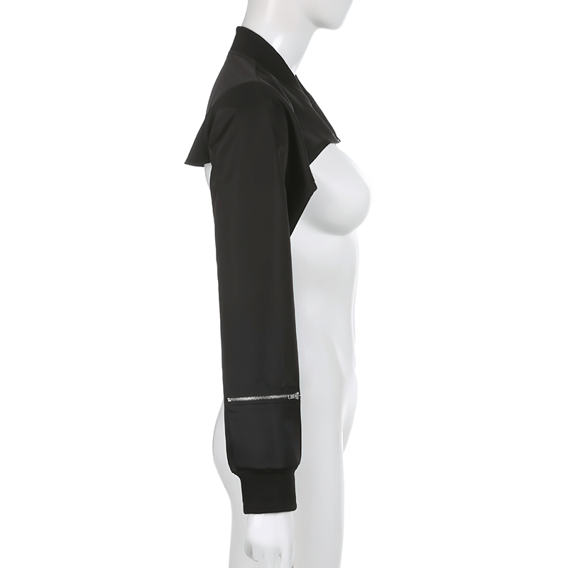 Fashion Black Zipper Cropped Top with Pockets on Sleeves / Women's Outfits in Punk Style