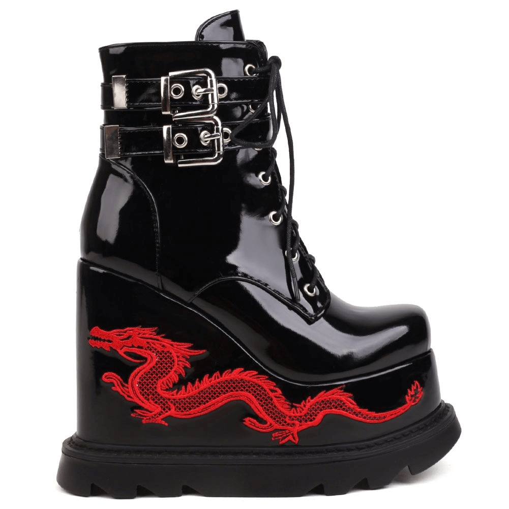 Fashion Buckles Dragon Embroider Wedges Boots / Women's High Heels Goth Ankle Boots