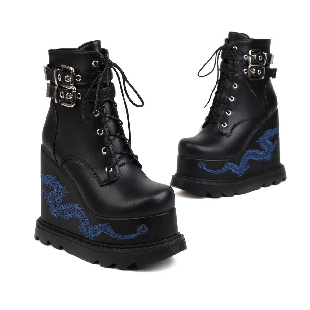 Fashion Buckles Dragon Embroider Wedges Boots / Women's High Heels Goth Ankle Boots