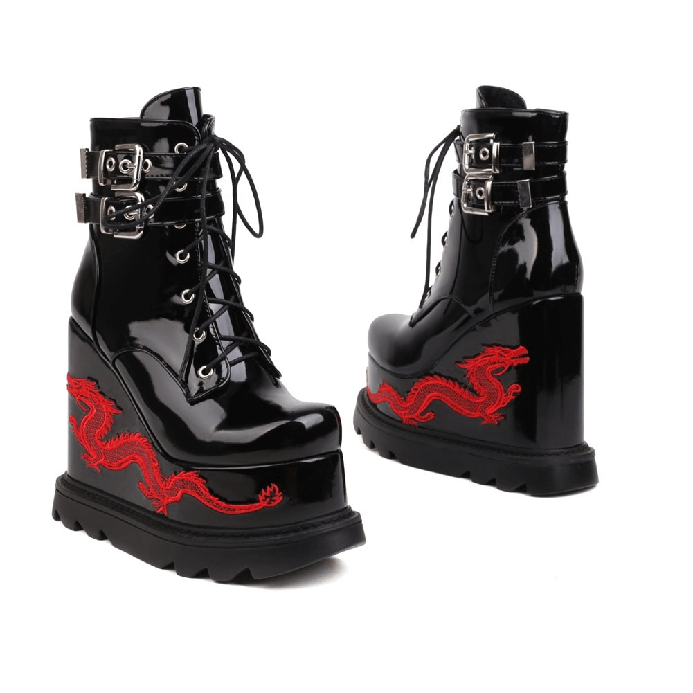 Fashion Buckles Dragon Embroider Wedges Boots / Women's High Heels Goth Ankle Boots