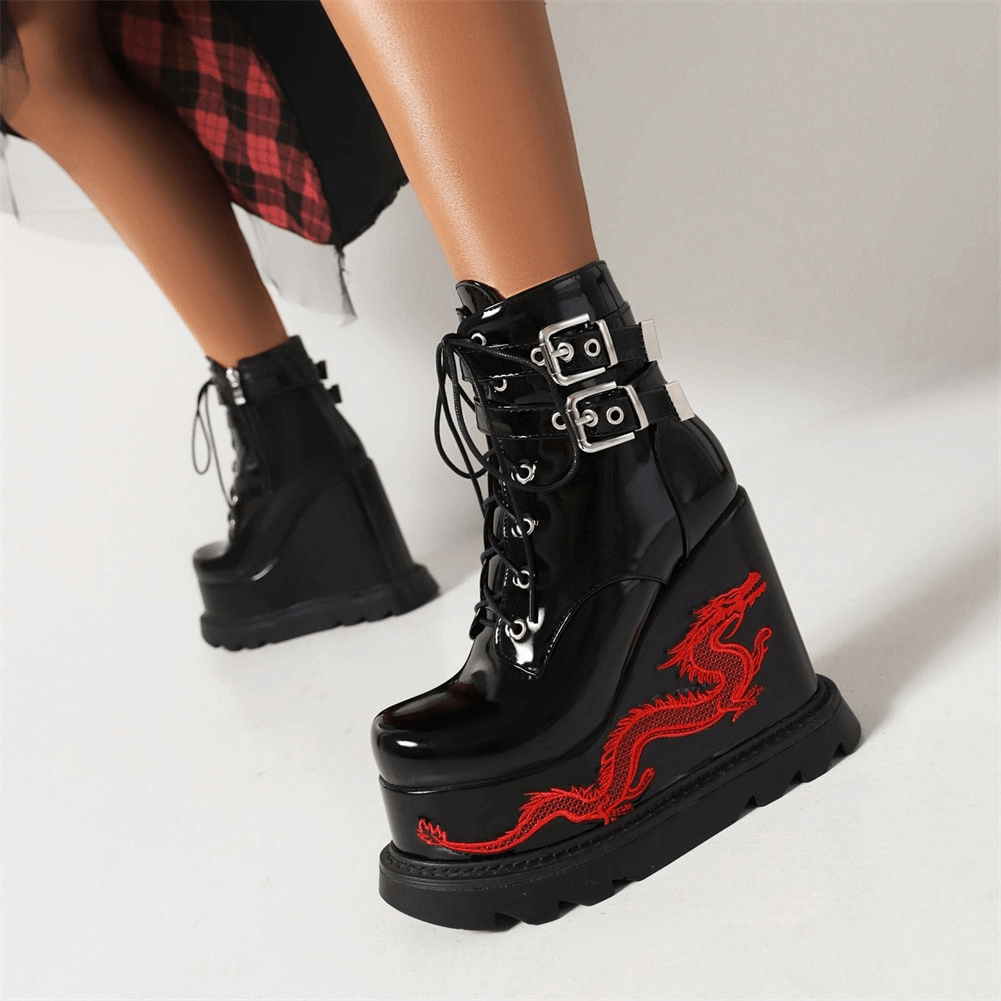 Fashion Buckles Dragon Embroider Wedges Boots / Women's High Heels Goth Ankle Boots