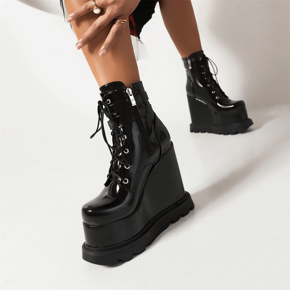 Fashion Buckles Dragon Embroider Wedges Boots / Women's High Heels Goth Ankle Boots