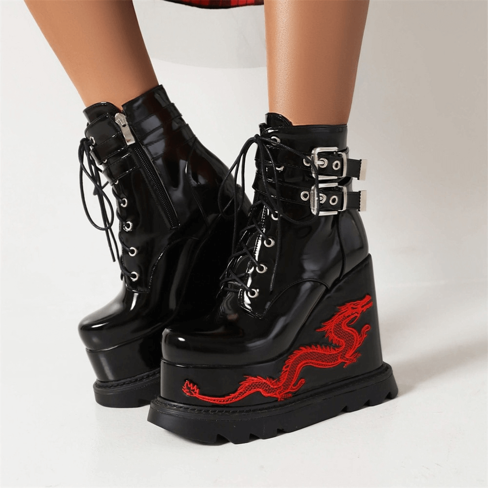 Fashion Buckles Dragon Embroider Wedges Boots / Women's High Heels Goth Ankle Boots