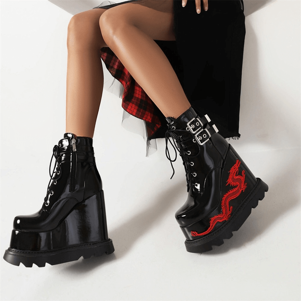 Fashion Buckles Dragon Embroider Wedges Boots / Women's High Heels Goth Ankle Boots