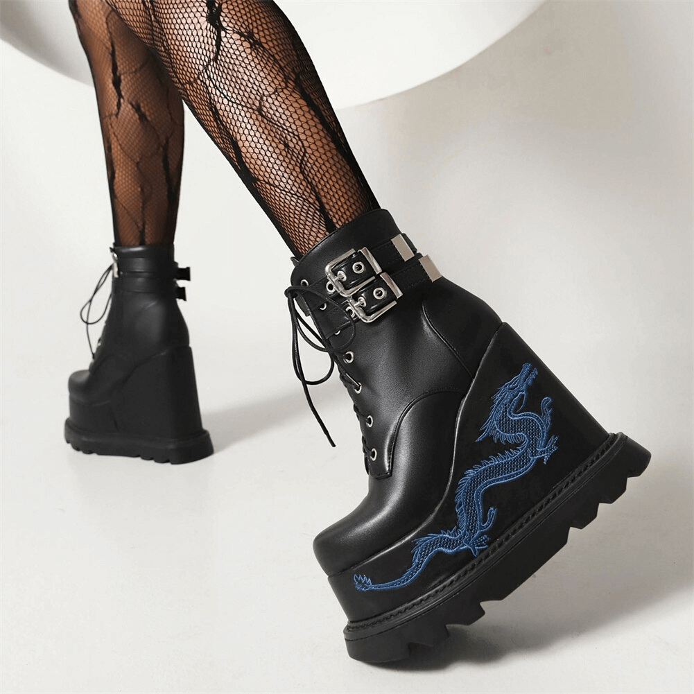 Fashion Buckles Dragon Embroider Wedges Boots / Women's High Heels Goth Ankle Boots