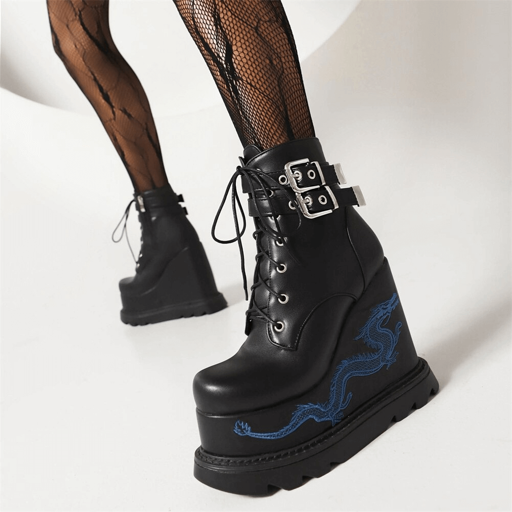 Fashion Buckles Dragon Embroider Wedges Boots / Women's High Heels Goth Ankle Boots