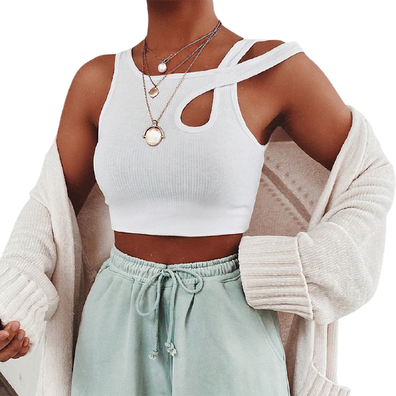 Fashion Casual Women's White Tank Top / Sexy Sleeveless Skinny Cut Out Crop Top
