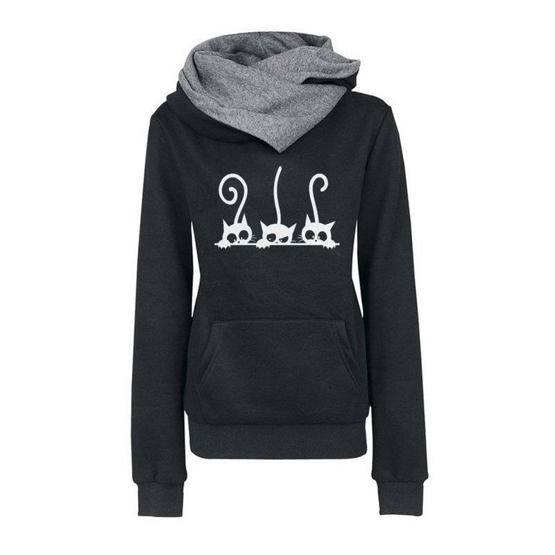Fashion Cat Printed Long Sleeve Hoodies / Women's Warm Oversized Sweatshirts