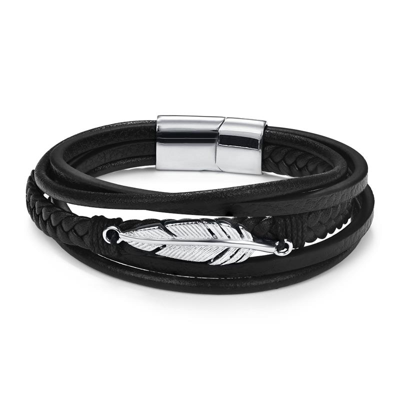Fashion Genuine Leather Bracelet for Men and Women / Stainless Steel Leather Bracelet with Feather