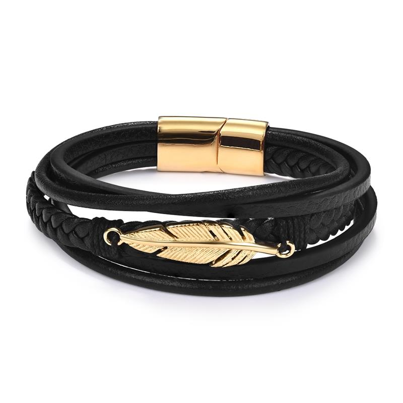 Fashion Genuine Leather Bracelet for Men and Women / Stainless Steel Leather Bracelet with Feather