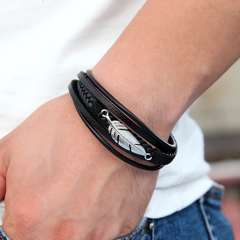 Fashion Genuine Leather Bracelet for Men and Women / Stainless Steel Leather Bracelet with Feather