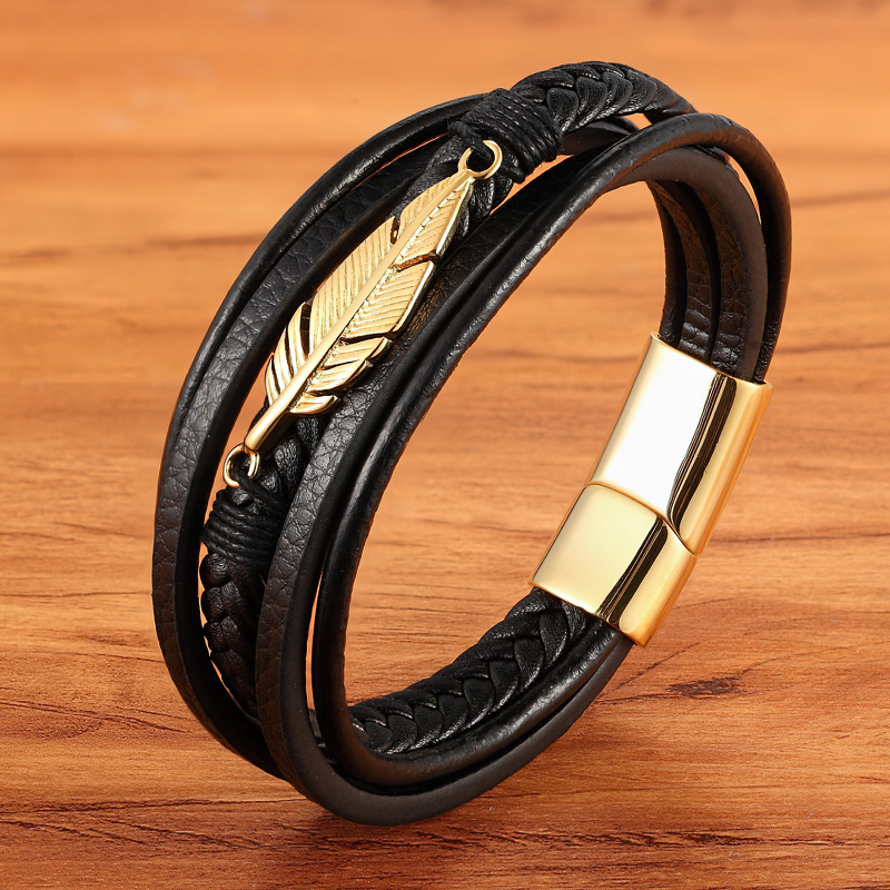 Fashion Genuine Leather Bracelet for Men and Women / Stainless Steel Leather Bracelet with Feather