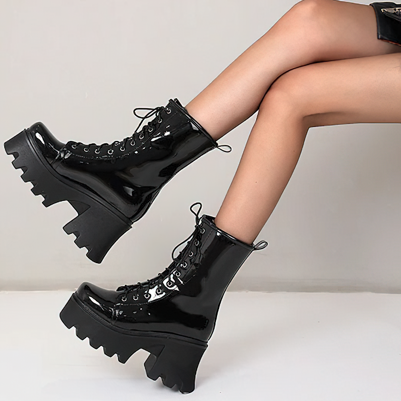 Fashion Genuine Leather Platform Boots / Ladies Round toe Lace Up Ankle Boots
