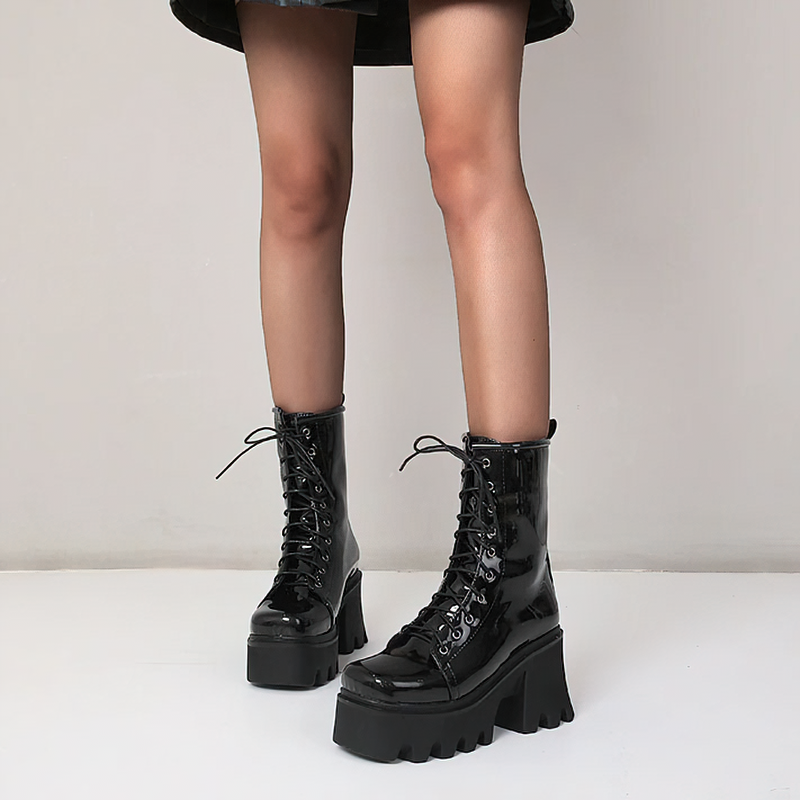 Fashion Genuine Leather Platform Boots / Ladies Round toe Lace Up Ankle Boots
