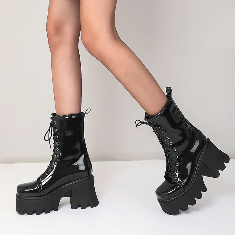 Fashion Genuine Leather Platform Boots / Ladies Round toe Lace Up Ankle Boots