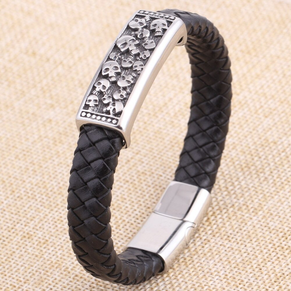 Fashion Genuine Leather Stainless Steel Bracelet with Skulls / Men's Jewelry in Rock Punk Style